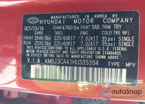 2017 Hyundai Tucson Se z USA, uszkodzony, nr VIN KM8J3CA41HU335394
